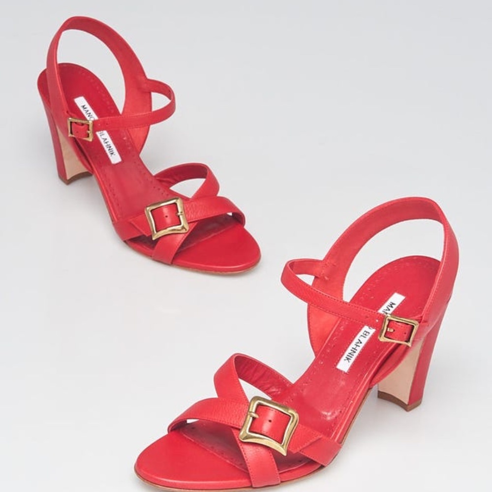 MANOLO BLAHNIK Red Leather Open Toe Ankle Strap Buckle Sandal Sz 8.5/39 Like NEW